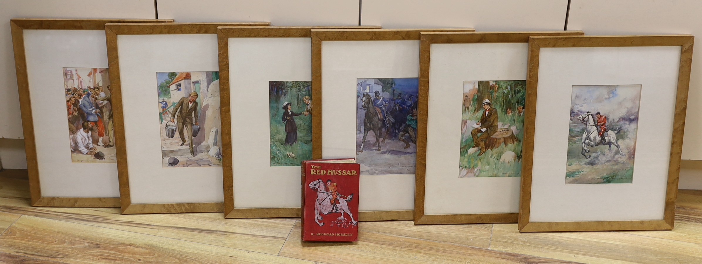 Original Artwork - Harold C. Earnshaw (1886-1937) - A full set of six coloured illustrations for The Red Hussar, by Reginald Horsley, signed, 25 x 19cms., framed, together with a copy of the book, 1912 (7)